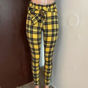 Yellow Tartan PaperBag Tie Waist Leggings Pants
